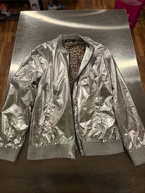 Metallic Silver Bomber Jacket with Leopard-Print Lining